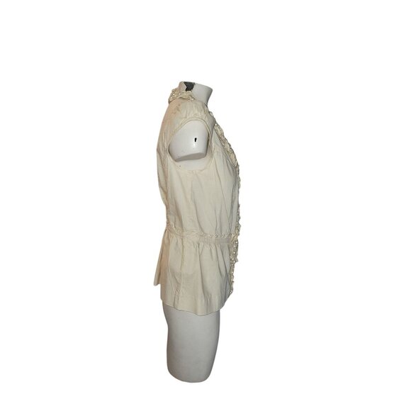 Du Jour XS Ivory Ruffled Pearl-Accent Cap Sleeve Blouse 100% Cotton Womens Top - Picture 4 of 6
